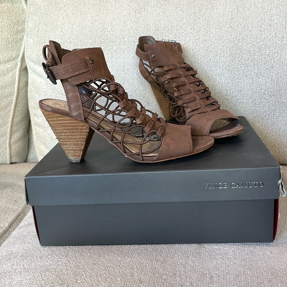Vince Camuto smoke taupe silk goat heeled sandals size 7.5